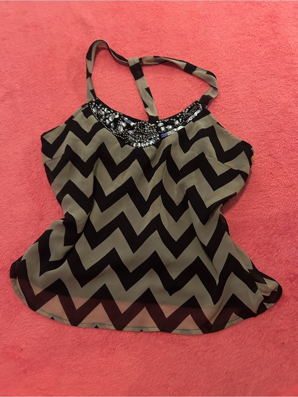Beaded Chevron Halter Tank Top - Black & Taupe